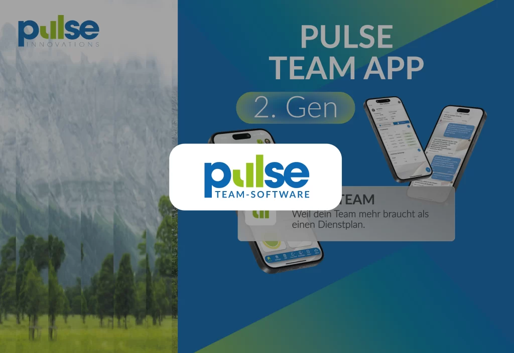 Grafik der Pulse Team App der zweiten Generation mit Smartphone-Darstellungen und Logo.