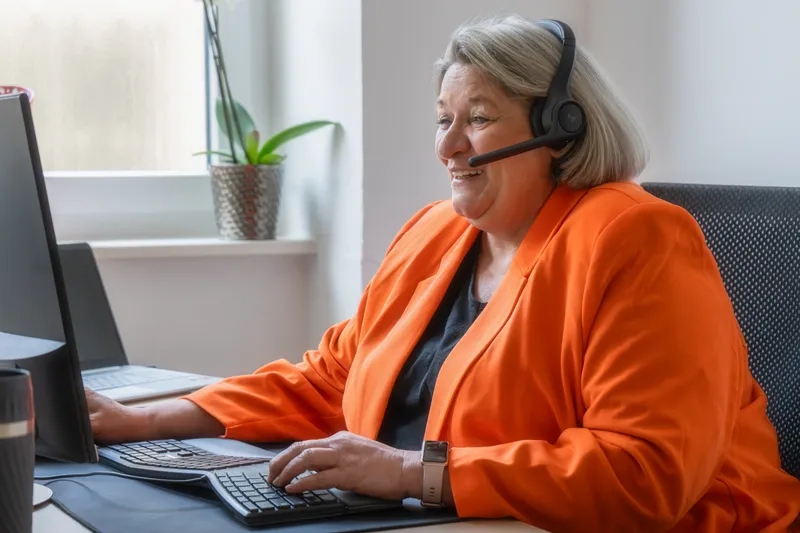 Lächelnde Mitarbeiterin mit Headset und orangefarbenem Blazer bei der Arbeit am Computer im heinmedia-Büro.