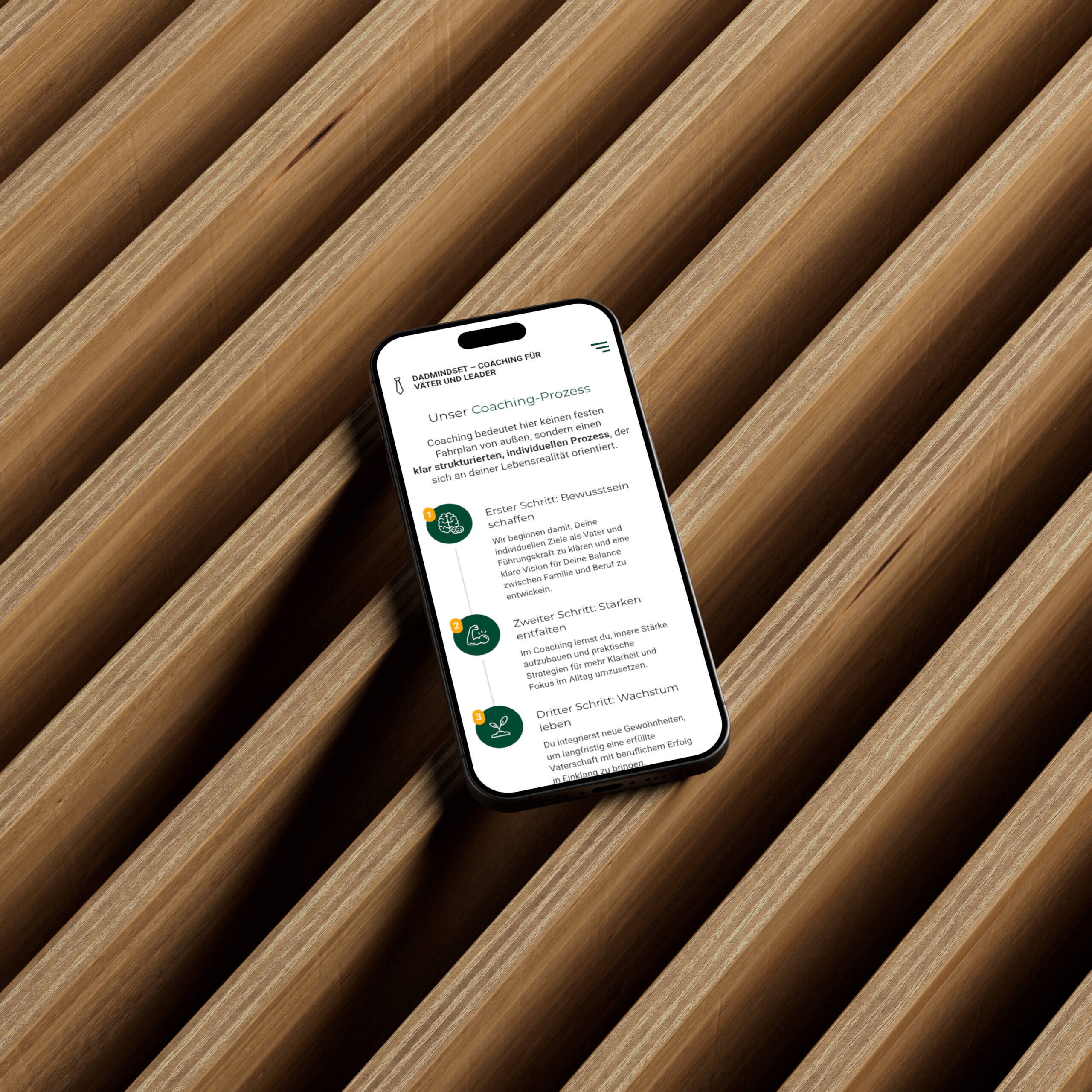 Smartphone mit Coaching-Prozess-Anweisungen auf einem Holzuntergrund.