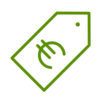 Grünes, diamantförmiges Preisetikett-Symbol mit Euro-Zeichen, minimalistisches Design-Icon für Preisangaben auf Webseiten.
