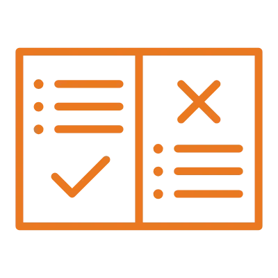 Oranger Icon-W Layout mit einer geteilten Silhouette: links eine Checklist-Darstellung mit Häkchen, rechts ein X-Symbol, geeignet als UI-Statusanzeige oder Bewertungstool.