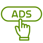 Grüner Hover-Button mit der Aufschrift ADS und einem Mauscursor darunter, symbolisiert Online-Werbung und Interaktion auf Webseiten.