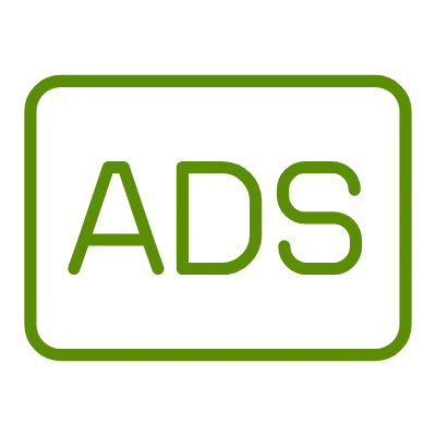 Grünes ADS-Symbol in abgerundeter Rechteckform auf schwarzem Hintergrund mit klarem ADS-Schriftzug, dient als Platzhalter für Werbeanzeigen