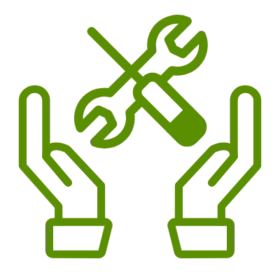 Grüne Linienstilisierte Darstellung: zwei Hände halten ein gekreuztes Schraubenschlüssel- und Schraubendreher-Symbol, Symbol für Wartung und Service