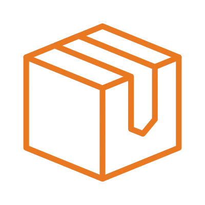 Oranger farbener Box-Umriss als stilisiertes Icon, rechteckige Box mit umlaufendem Band – minimalistisches Grafiksymbol für Verpackung oder Versand.