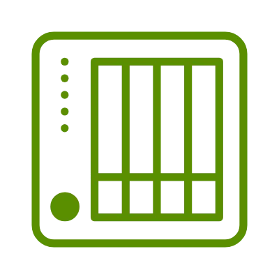 Grünes, quadratisches Icon eines NAS-Servers/Rack mit vertikalen Fächern und Kontrollpunkten, geeignet als Symbol für Netzwerkspeicher.