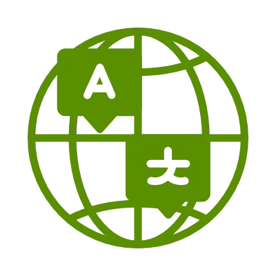 Grüner Globus mit Sprachsymbolen (A und chinesische Zeichen) als Übersetzungs-Icon, symbolisiert Mehrsprachigkeit, globale Webseiten und internationale Kommunikation.