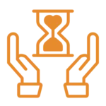 Orange sanduhrförmige Illustration, von zwei stilisierten Händen gehalten, Symbol für Zeitmanagement und Fürsorge.