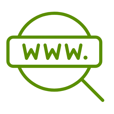 Grünes Symbol: Kreis mit horizontaler Bannerkante, darauf der Schriftzug WWW.; assoziiert Domain-Suche/Webadresse, geeignet als Icon für Webauftritt einer Agentur.