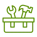 Grünes Toolbox-Symbol mit Wagenwerkzeug wie Schraubenschlüssel und Ham mer, stilisierte Icon-Darstellung als montagsfreundliches Industrie- & Technik-Logo