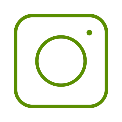 Instagram-Logo als grünes Konturpiktogramm mit abgerundeten Ecken, Kreisform im Zentrum und kleinem Punkt oben rechts, minimalistischer Stil für Online-Medien und Markenkommunikation