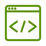 Grünes Browserfenster-Icon mit Code-Zeichen () als Vektor-Symbol, repräsentiert Webentwicklung, digitales Handwerk und Programmierarbeiten auf Websites.
