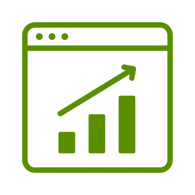 Grünes Browserfenster-Icon mit drei Balken und einer aufwärts gerichteten Pfeillinie, symbolisiert Web-Analyse, Traffic-Wachstum und Datenvisualisierung.