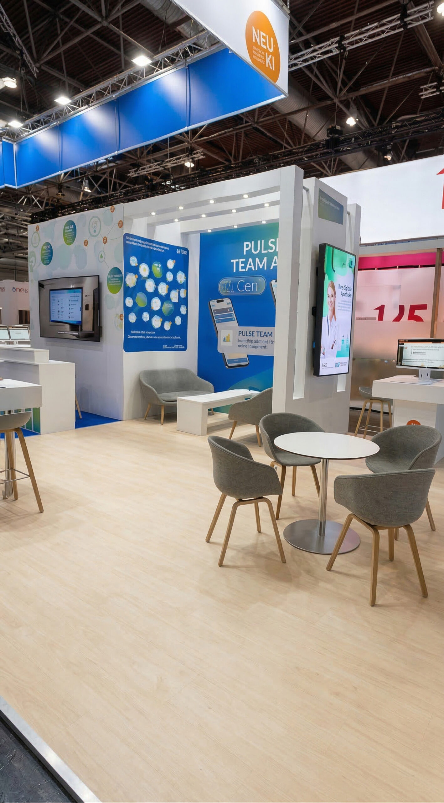Messestand mit blauen Akzenten, hellen Wänden, modernen grauen Polsterstühlen und runden weißen Tischen auf hellem Holzfußboden; Displays zeigen Inhalte.