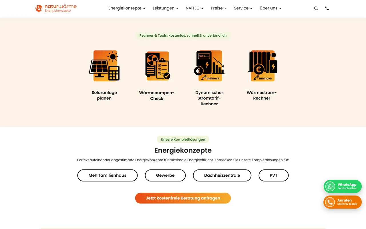 naturwärme-Website am Desktop: Bereich „Rechner & Tools“ mit Kacheln für Solaranlage, Wärmepumpen-Check, Stromtarif und Wärmestrom, darunter die Energiekonzepte