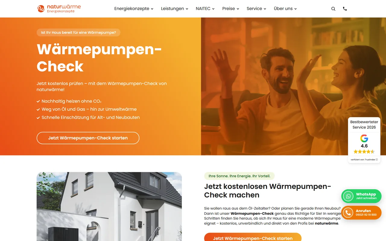 naturwärme-Website am Desktop: Seite „Wärmepumpen-Check“ mit orangefarbenem Hero, Vorteilsliste und Button „Jetzt Wärmepumpen-Check starten“