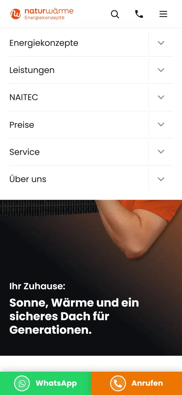 naturwärme-Website auf dem Smartphone: geöffnetes Menü mit Energiekonzepte, Leistungen, NAITEC, Preise, Service und Über uns