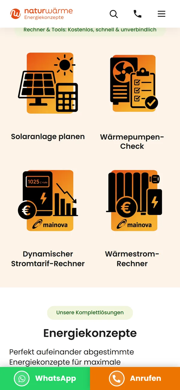 naturwärme-Website auf dem Smartphone: Kacheln für Solaranlage planen, Wärmepumpen-Check, Stromtarif-Rechner und Wärmestrom-Rechner