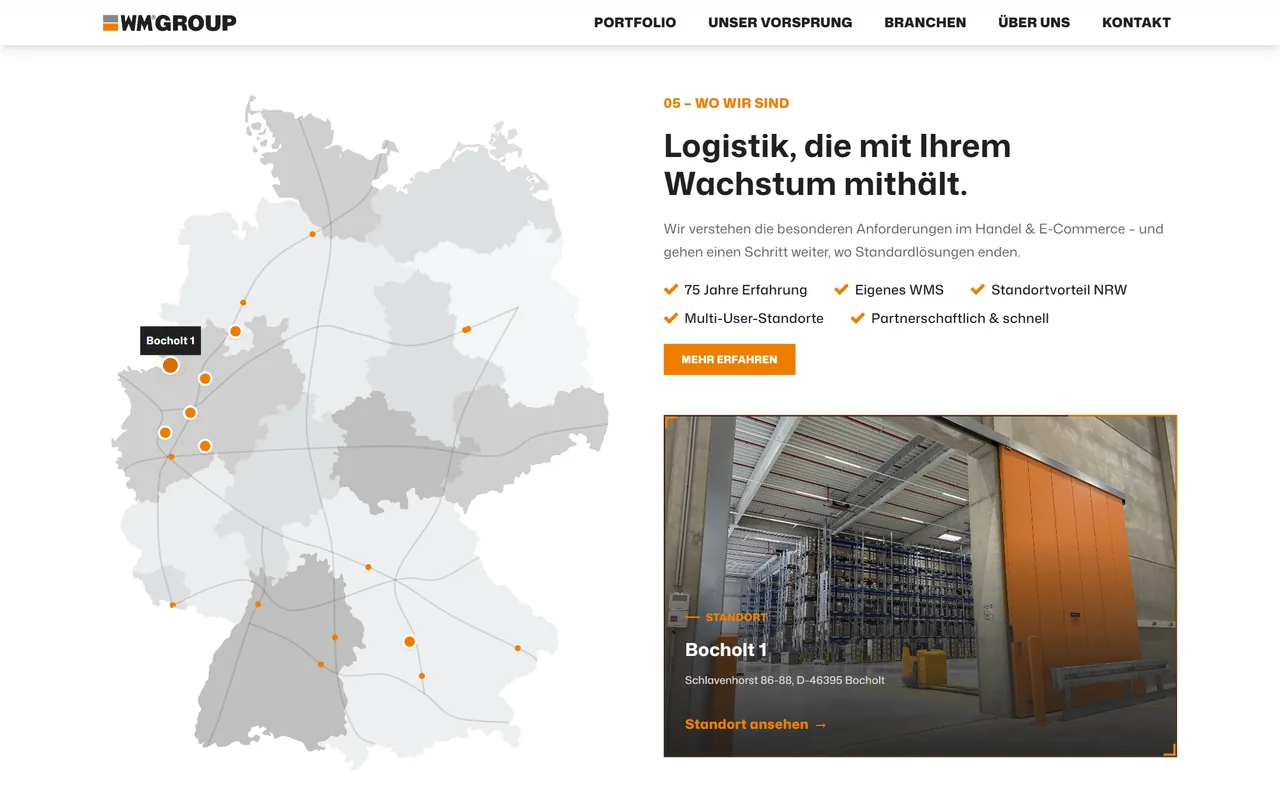WM-GROUP-Website am Desktop: Bereich „Wo wir sind“ mit Deutschlandkarte der Standorte, Vorteilsliste und der Kachel zum Standort Bocholt 1 mit Hallenfoto