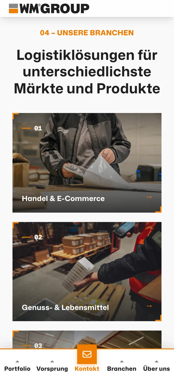 WM-GROUP-Website auf dem Smartphone: Bereich „Unsere Branchen“ mit Bildkacheln für Handel und E-Commerce sowie Genuss- und Lebensmittel