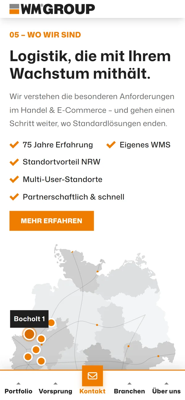 WM-GROUP-Website auf dem Smartphone: Bereich „Wo wir sind“ mit Vorteilsliste, Button „Mehr erfahren“ und Deutschlandkarte mit Standortpunkten