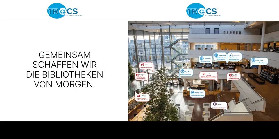 Wandgrafik für die TR@CS-Seite des Messestands: links der Satz „Gemeinsam schaffen wir die Bibliotheken von morgen.“, rechts ein Bibliotheksfoto mit Produkt-Hinweisen.
