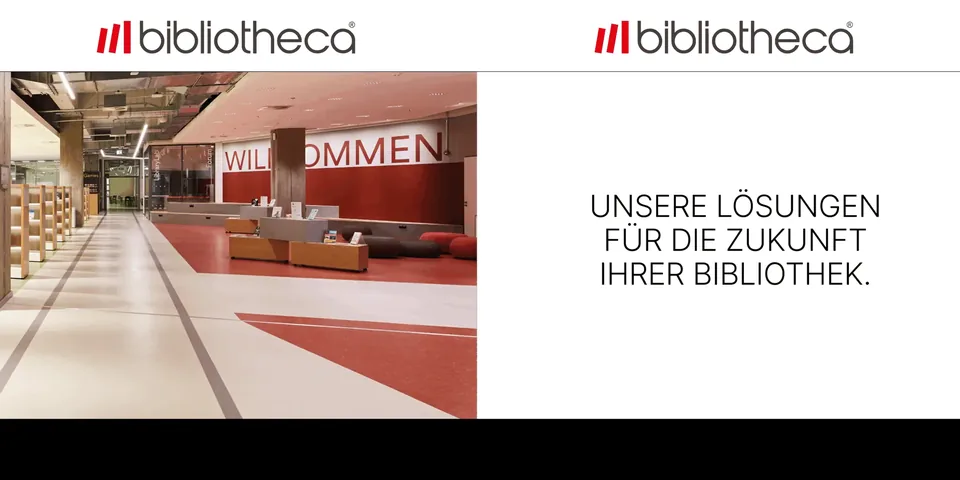 Wandgrafik für die Bibliotheca-Seite des Messestands: links ein Bibliotheksfoto mit rotem Boden und Willkommen-Schriftzug, rechts ein Leitsatz in schwarzer Schrift.