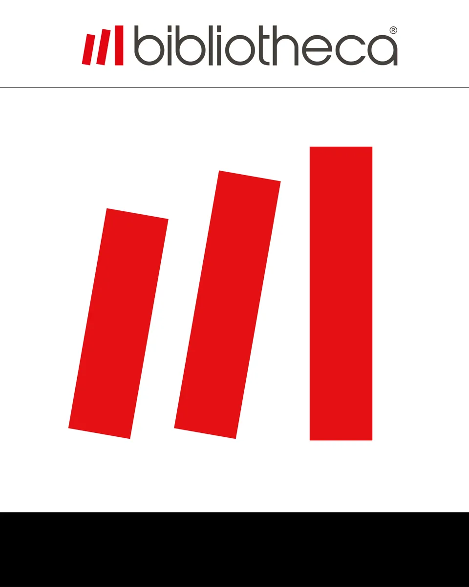 Grafik für die Seitenwand von Bibliotheca im Hochformat: oben das Logo, darunter groß die drei roten Balken aus dem Logo auf weißem Grund.