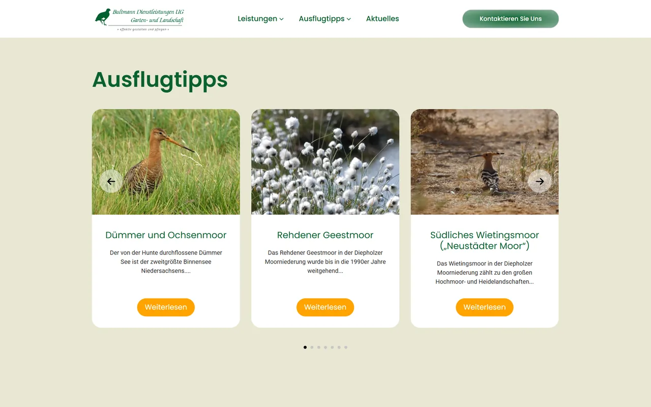 Website von Bultmann Dienstleistungen am Desktop: Karussell „Ausflugtipps“ mit drei Karten zu Dümmer, Rehdener Geestmoor und Wietingsmoor, je mit Naturfoto und Button.