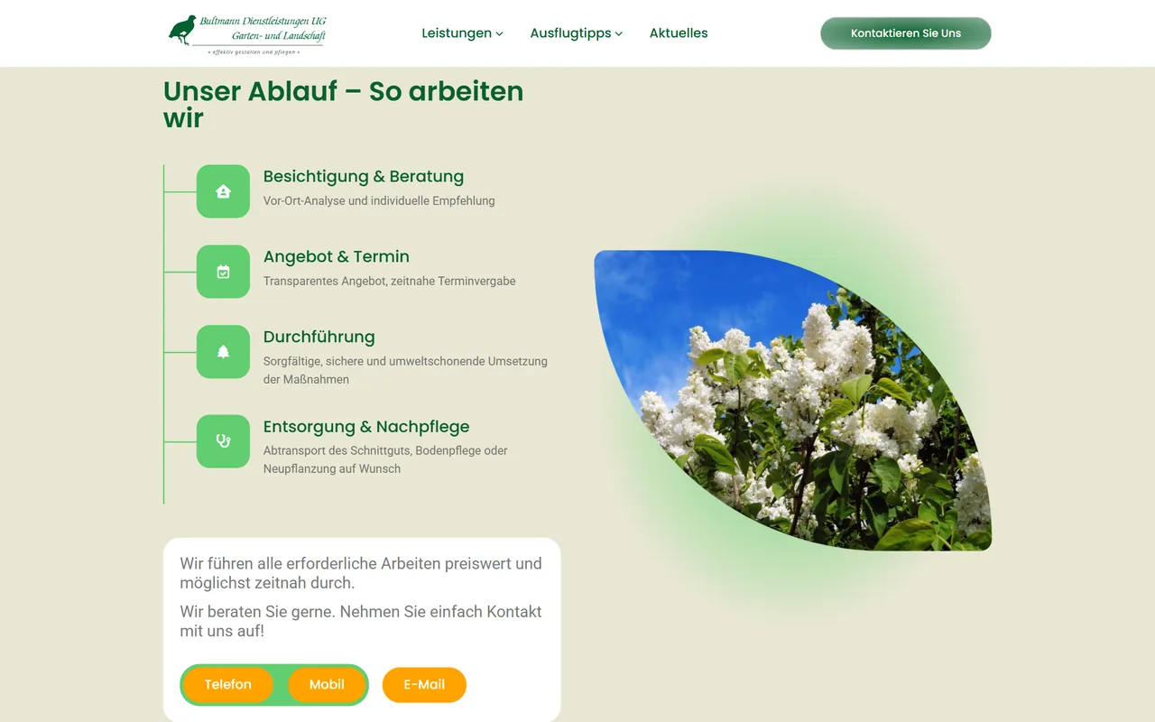 Website von Bultmann Dienstleistungen am Desktop: Seite Baumdienst mit Ablauf in vier Schritten, Kontaktbox mit orangen Buttons und blattförmig zugeschnittenem Fliederfoto.