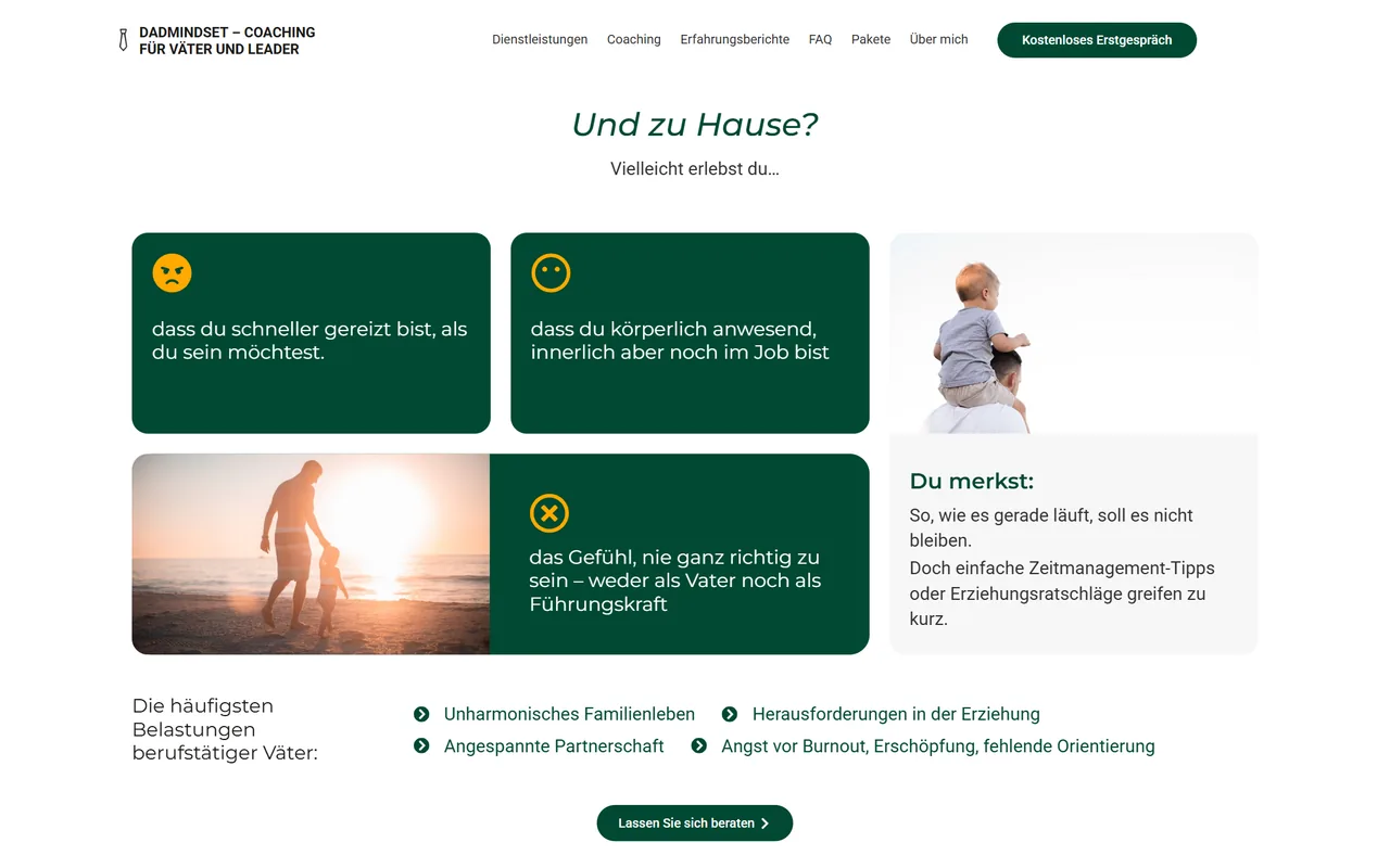 DadMindset-Landingpage am Desktop: Abschnitt „Und zu Hause?“ mit dunkelgrünen Karten, orangen Emoji-Icons, Fotos von Vater und Kind und einer Liste der häufigsten Belastungen.