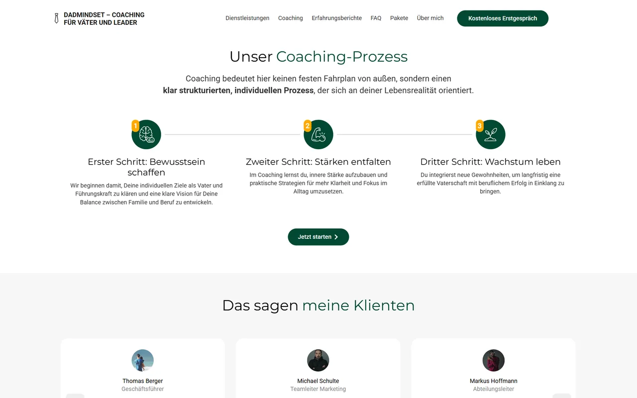 DadMindset-Landingpage am Desktop: Abschnitt „Unser Coaching-Prozess“ mit drei Schritten, dunkelgrünen Rund-Icons, orangen Ziffern, Verbindungslinie und Button „Jetzt starten“.