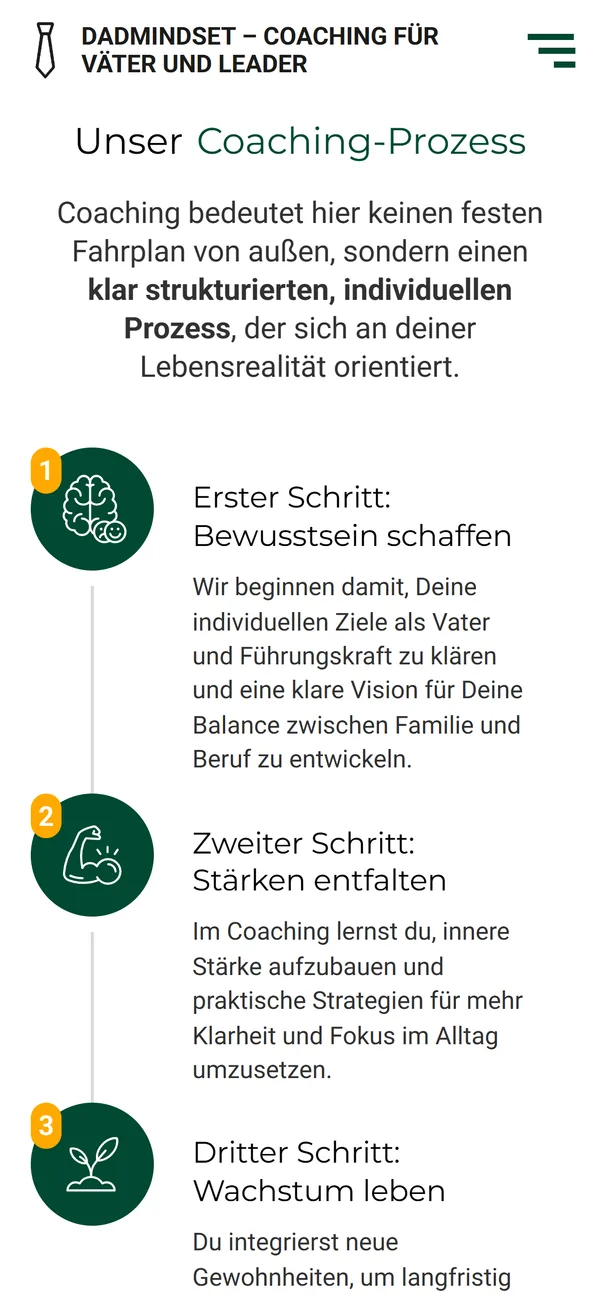 DadMindset-Landingpage am Smartphone: der Coaching-Prozess als senkrechte Zeitleiste mit dunkelgrünen Rund-Icons, orangen Ziffern und einer kurzen Beschreibung je Schritt.