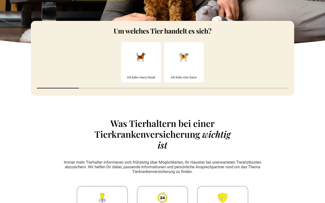 Angebots-Funnel von Im Vorfeld versichert am Desktop: Karte mit der Frage „Um welches Tier handelt es sich?“, Kacheln für Hund und Katze und eine Fortschrittsleiste.