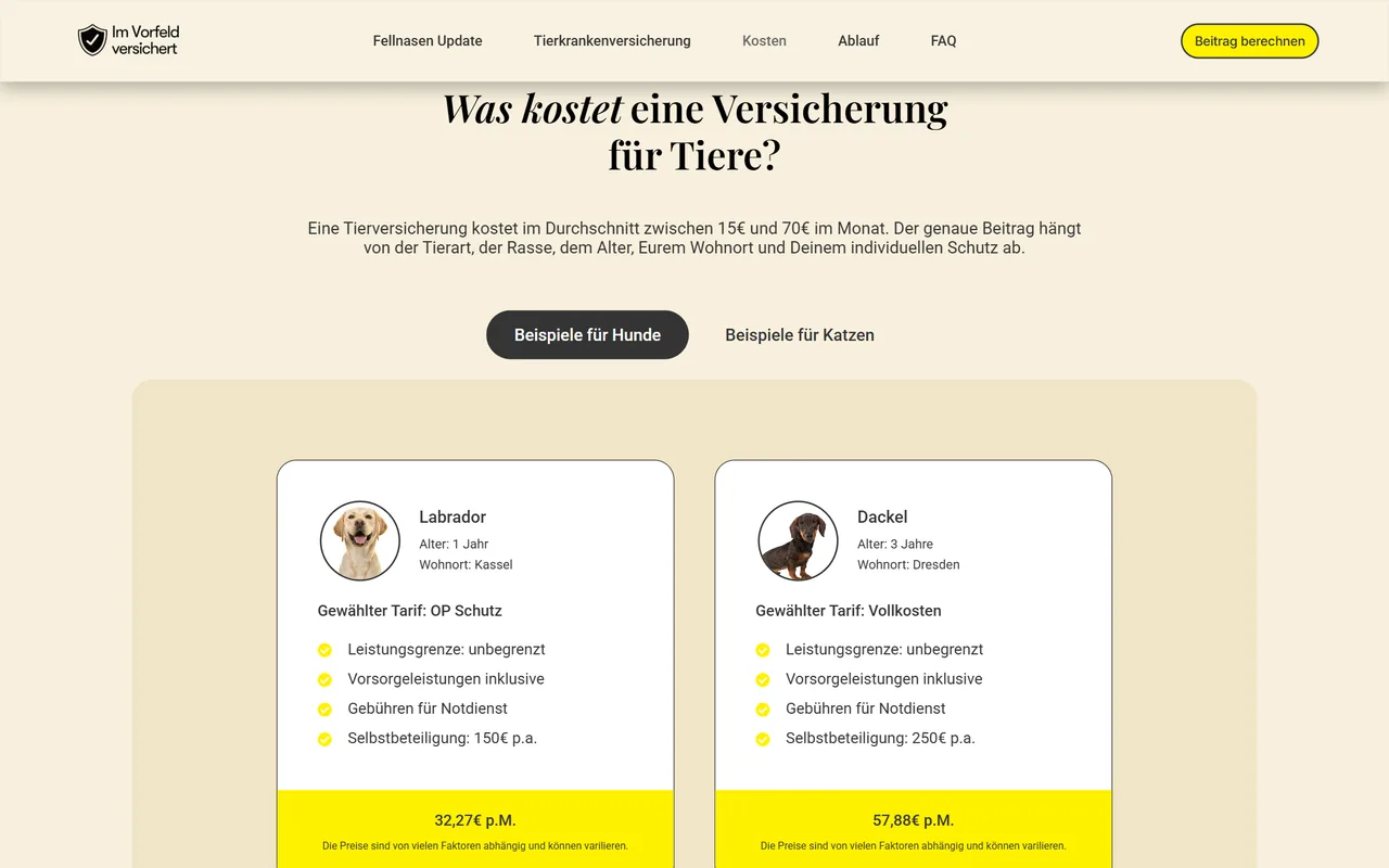 Kostensektion von Im Vorfeld versichert am Desktop: Reiter für Hunde und Katzen, Beispielkarten für Labrador und Dackel mit Tarif und gelbem Preisfeld.