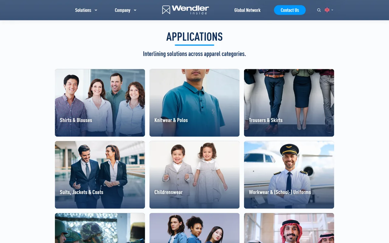 Wendler-Inside-Website am Desktop: Bereich „Applications“ mit Bildkacheln für Hemden und Blusen, Strick und Polos, Hosen und Röcke, Anzüge, Kinderbekleidung und Uniformen