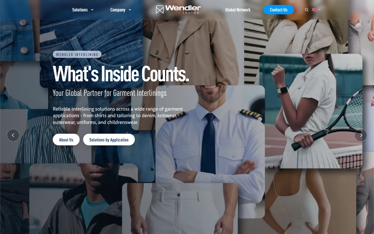 Wendler-Inside-Website am Desktop: Startseite mit Bildcollage aus Bekleidung, der Headline „What’s Inside Counts.“ und den Buttons „About Us“ und „Solutions by Application“