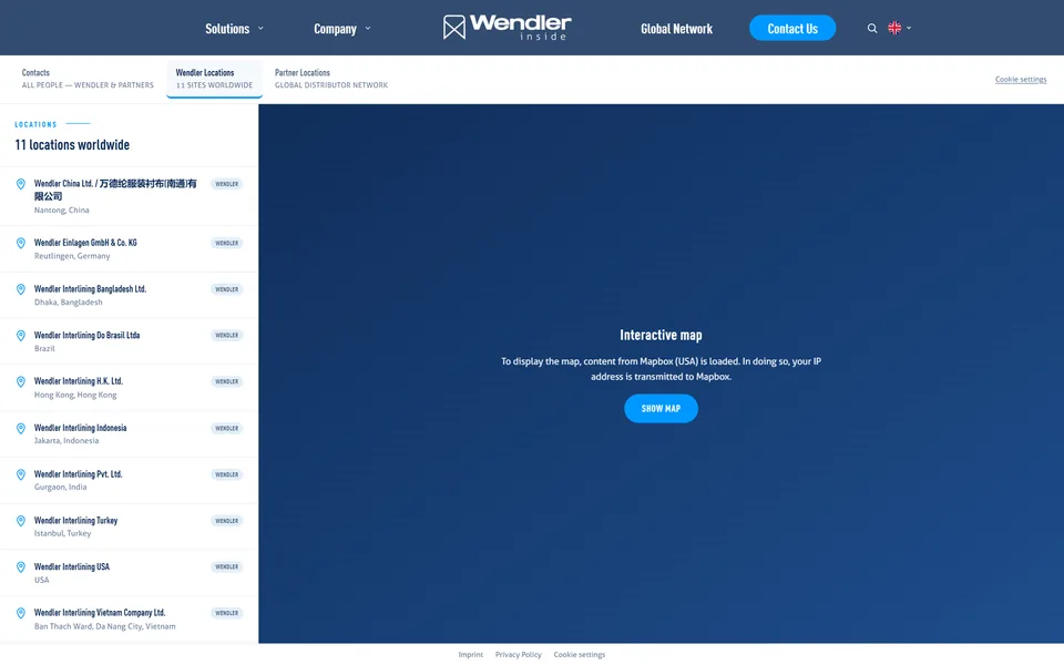 Karten-App von Wendler Inside am Desktop: Reiter „Wendler Locations“ mit der Liste „11 locations worldwide“, daneben der Platzhalter der Karte vor der Zustimmung