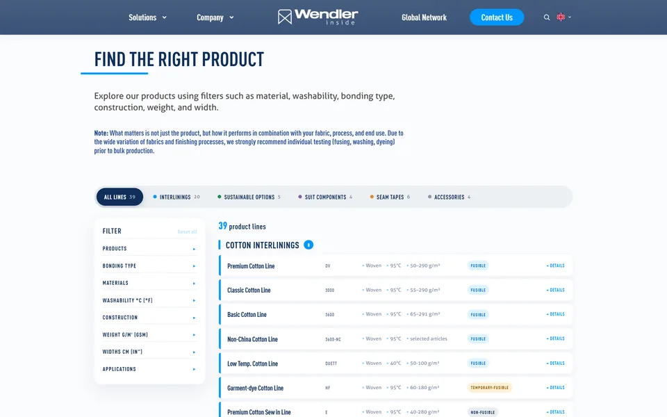 Wendler-Inside-Website am Desktop: Produktfinder mit 39 Produktlinien, Reitern je Produktgruppe und Filtern für Material, Fixierart, Gewicht und Breite