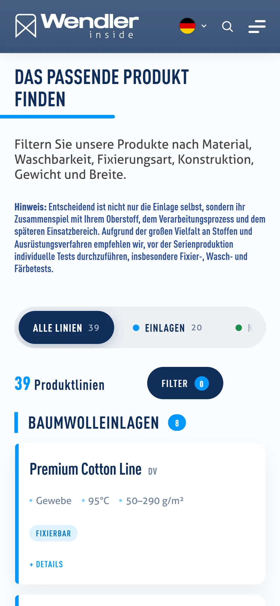 Wendler-Inside-Website auf dem Smartphone, deutsche Fassung: Produktfinder „Das passende Produkt finden“ mit 39 Produktlinien und Filter-Button