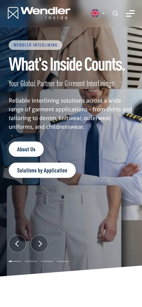 Wendler-Inside-Website auf dem Smartphone: Startseite mit der Headline „What’s Inside Counts.“, zwei Buttons und der Anzeige für vier Slides