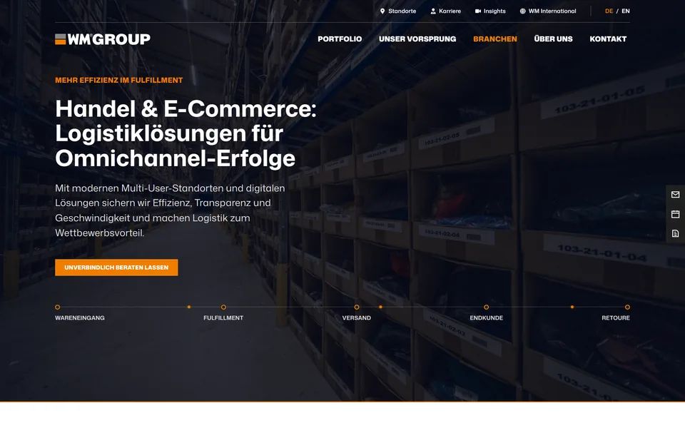WM-GROUP-Website am Desktop: Branchenseite Handel und E-Commerce mit dunklem Lagerfoto, großer Headline und einer Linie von Wareneingang bis Retoure