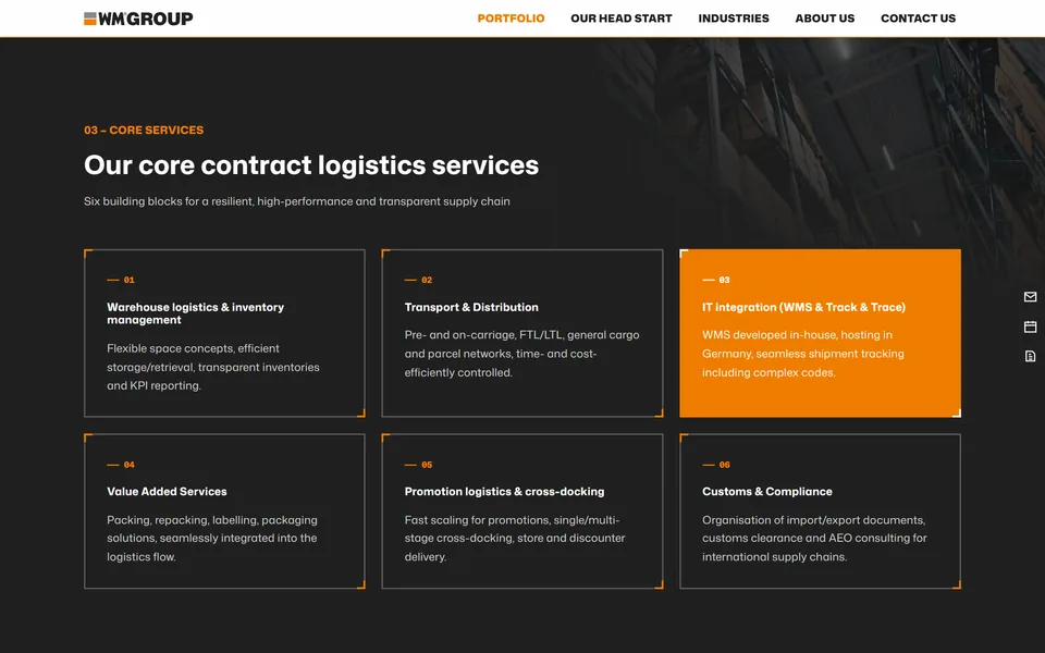 Englische Fassung der WM-GROUP-Website am Desktop: Seite Contract Logistics mit sechs Leistungsmodulen in dunklen Kacheln, eine davon orange