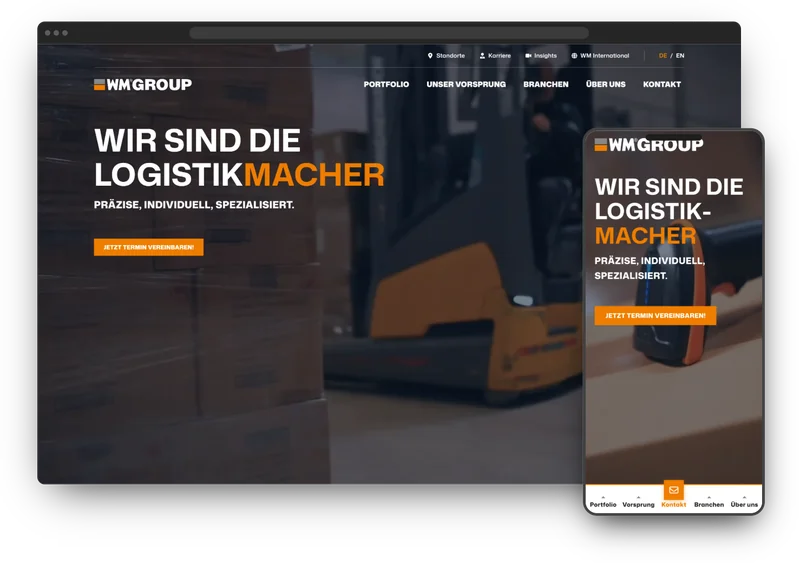 Browser- und Smartphone-Ansicht der WM-GROUP-Website mit der Headline „Wir sind die Logistikmacher“
